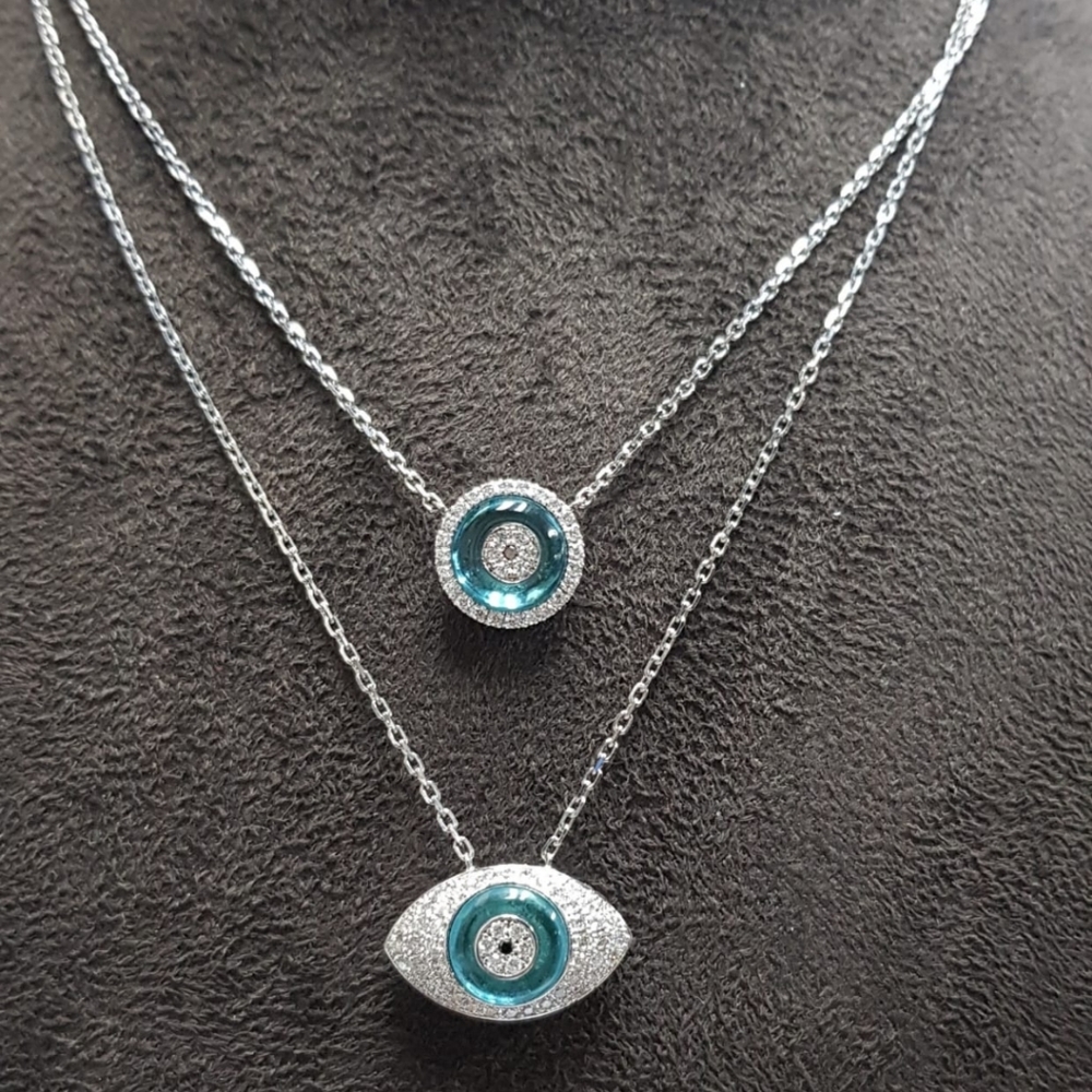 Diamond VS color F/G, 18ct Gold, hydro blue topaz evil eye round and eye shape